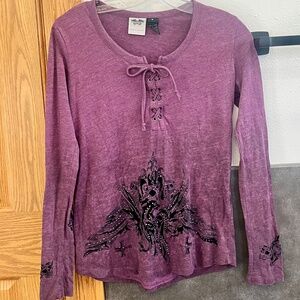 HARLEY-DAVIDSON Embellished Lace Up Purple Top Shirt Long Sleeves Size Small